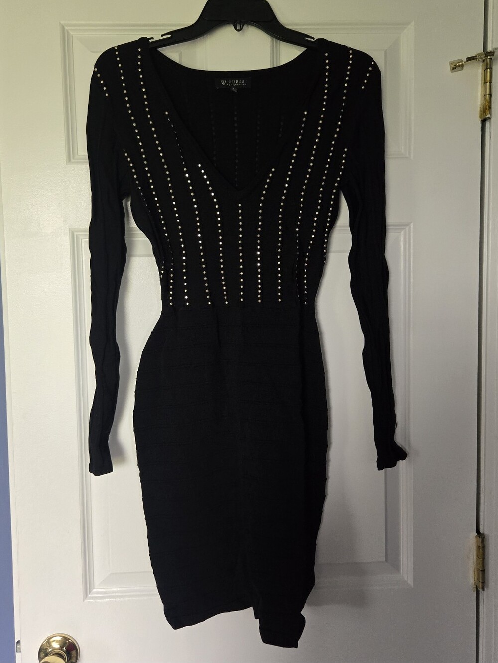Studded V-Neck Long Sleeve Bodycon Dress - Black